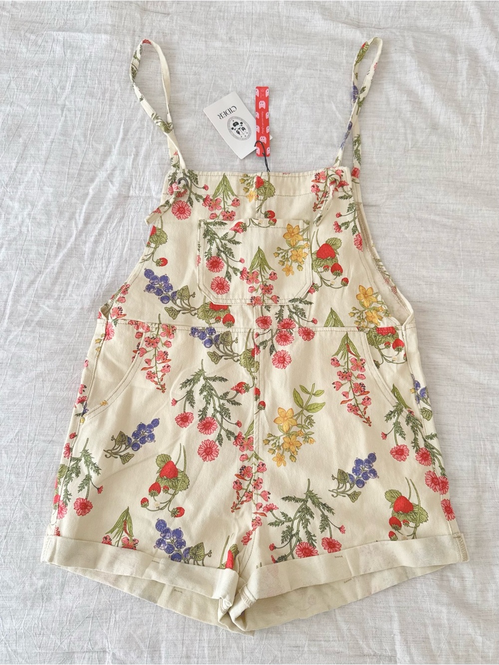 CIDER Floral Strawberry Print Denim Overalls Shorts Cream & Red Small